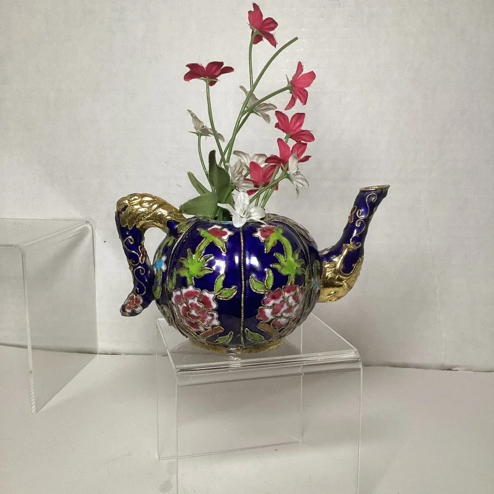 Vintage Cloisonne Enamel Miniature Teapot Cobalt Blue Floral Dragon Handle *asis